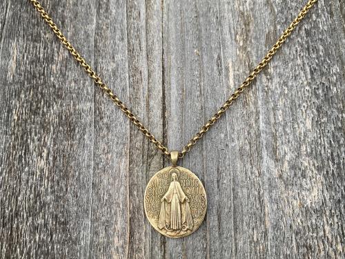 French Miraculous Medal in Antique Gold, Oxidized Gold Bronze, Antique Replica, Rolo Necklace, Our Lady of the Miracle, Blessed Mother MM1