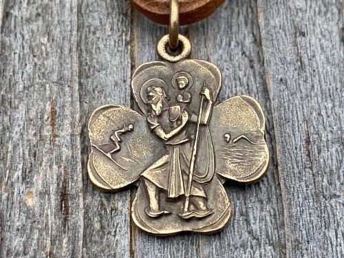 Bronze St Christopher Shamrock Medal Pendant with an Adjustable Slider Bead on Brown Suede Lace Necklace, Antique Replica, Saint, Catholic