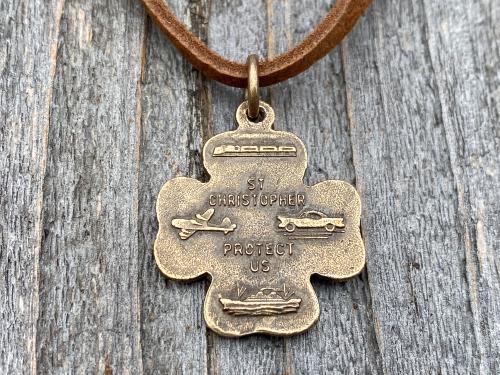 Bronze St Christopher Shamrock Medal Pendant with an Adjustable Slider Bead on Brown Suede Lace Necklace, Antique Replica, Saint, Catholic