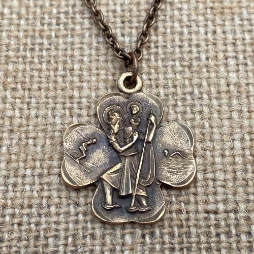 Bronze St. Christopher Medal Pendant Necklace, Antique Replica, Patron Saint of Travelers, Patron Saint of Safe Travels, Birthname Reprobus