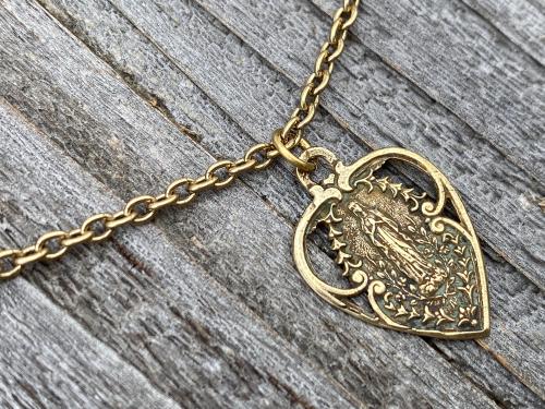 Antique Gold Our Lady of Lourdes Heart Medal, Antique Replica Necklace Immaculate Conception Mary Marian Blessed Mother Virgin Grace Pendant