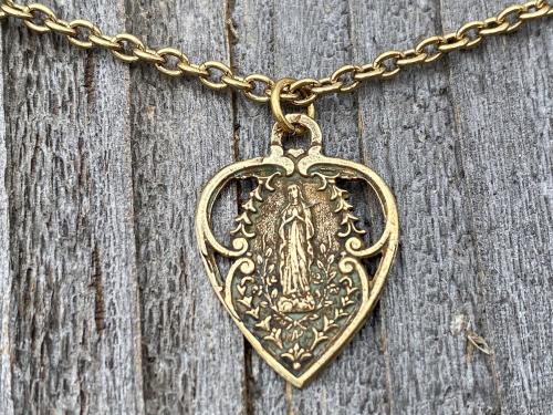 Antique Gold Our Lady of Lourdes Heart Medal, Antique Replica Necklace Immaculate Conception Mary Marian Blessed Mother Virgin Grace Pendant