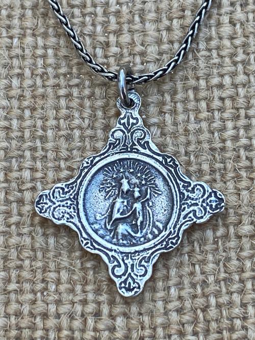Sterling Silver Sacred Heart of Jesus Medal Cross Pendant, Faith Hope & Love Symbols, Antique Replica, .925 Sterling Silver Wheat Necklace