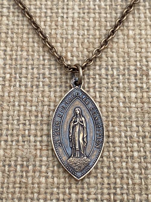 Bronze Immaculate Conception & Sacred Heart of Jesus French Antique Replica Medal Necklace Our Lady of Lourdes, Signed Penin Lyon France