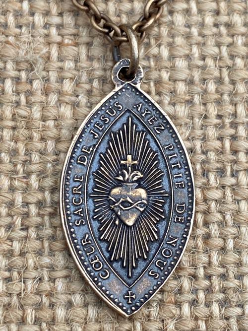 Bronze Immaculate Conception & Sacred Heart of Jesus French Antique Replica Medal Necklace Our Lady of Lourdes, Signed Penin Lyon France