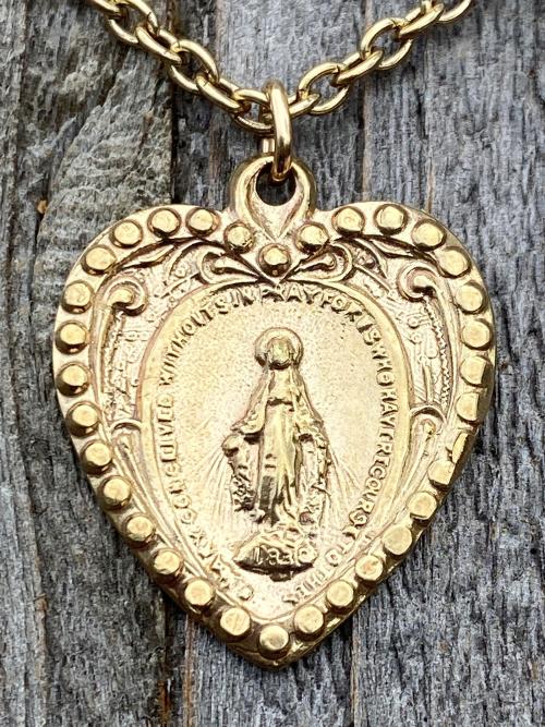 Shiny Gold Heart Shaped Miraculous Medal Pendant Necklace, Antique Replica, Our Lady of Lourdes, Immaculate Conception, Marian Catholic Gift