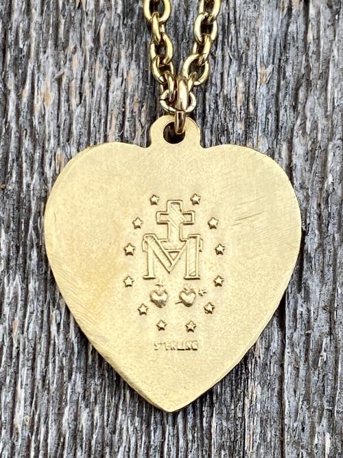 Shiny Gold Heart Shaped Miraculous Medal Pendant Necklace, Antique Replica, Our Lady of Lourdes, Immaculate Conception, Marian Catholic Gift