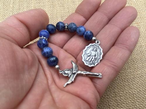 Chaplet of Saint Peregrine, Sterling Silver Medal & Crucifix, Blue Sodalite Gemstones Beads, Antique Replicas, Patron Saint Cancer Patients