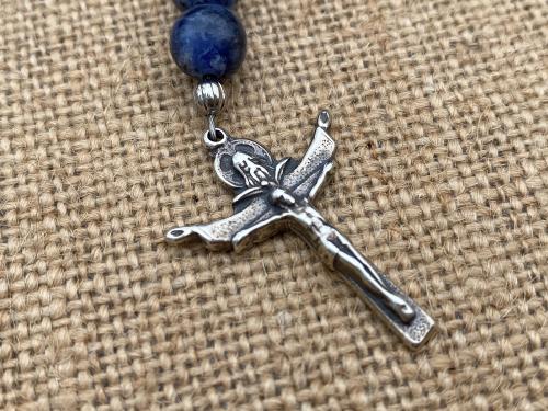 Chaplet of Saint Peregrine, Sterling Silver Medal & Crucifix, Blue Sodalite Gemstones Beads, Antique Replicas, Patron Saint Cancer Patients