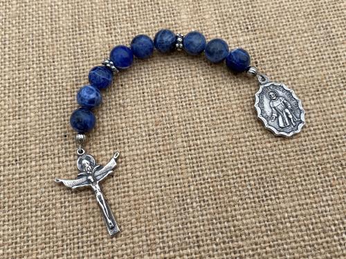 Chaplet of Saint Peregrine, Sterling Silver Medal & Crucifix, Blue Sodalite Gemstones Beads, Antique Replicas, Patron Saint Cancer Patients