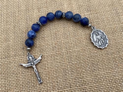 Chaplet of Saint Peregrine, Sterling Silver Medal & Crucifix, Blue Sodalite Gemstones Beads, Antique Replicas, Patron Saint Cancer Patients