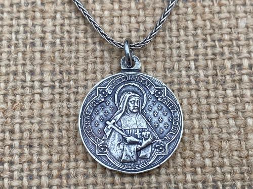 Reversible St. Francis de Sales & St. Jane de Chantal Sterling Silver Medal, French Antique Replica, Artists Penin Poncet, Wheat Spiga Chain