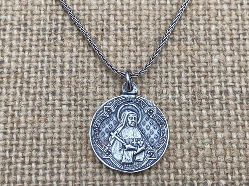 Reversible St. Francis de Sales & St. Jane de Chantal Sterling Silver Medal, French Antique Replica, Artists Penin Poncet, Wheat Spiga Chain