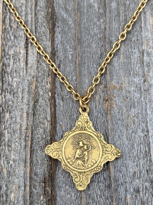 Antique Gold Sacred Heart of Jesus Pendant, Faith Hope & Love Symbols, Antique Replica, Medal Necklace, Holy Spirit Dove, Cross Anchor Heart