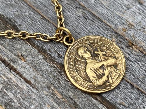 Antique Gold Saint Gerard Majella Medal Necklace, French artist Penin, Antique Replica, Patron Saint of Expectant Mothers, of Fertility