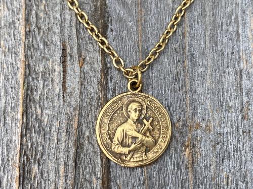 Antique Gold Saint Gerard Majella Medal Necklace, French artist Penin, Antique Replica, Patron Saint of Expectant Mothers, of Fertility