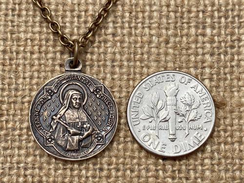 French Artists Penin Poncet, Reversible St. Francis de Sales and St. Jane de Chantal Solid Bronze Medal, Cable Chain, Antique Replica Saints