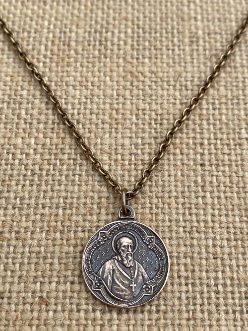 French Artists Penin Poncet, Reversible St. Francis de Sales and St. Jane de Chantal Solid Bronze Medal, Cable Chain, Antique Replica Saints