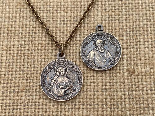 French Artists Penin Poncet, Reversible St. Francis de Sales and St. Jane de Chantal Solid Bronze Medal, Cable Chain, Antique Replica Saints