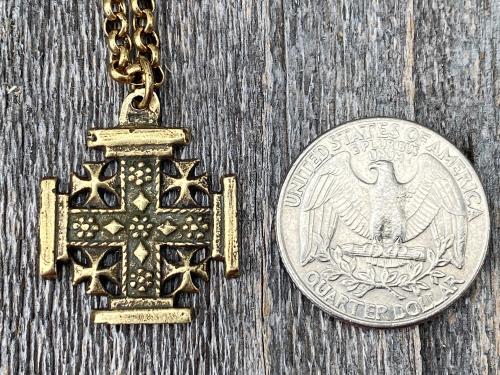 Antique Gold Jerusalem Cross, Five-Fold Medal Necklace, Crusader's Cross, Five Wounds of Christ Cross-and-Crosslets, Heraldic Holy Sepulchre