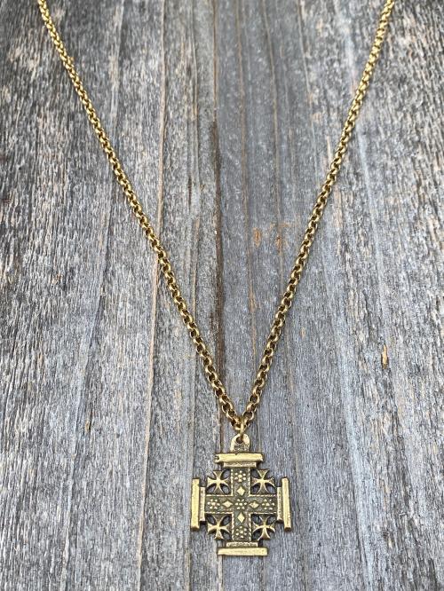 Antique Gold Jerusalem Cross, Five-Fold Medal Necklace, Crusader's Cross, Five Wounds of Christ Cross-and-Crosslets, Heraldic Holy Sepulchre