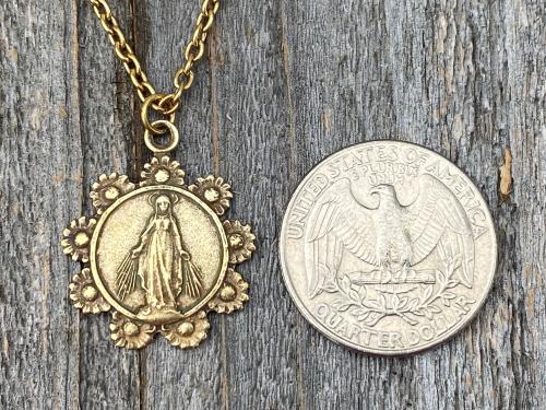 Antique Gold Our Lady of the Rosary Antique Replica Medal Pendant Necklace, Lourdes Virgin Mary, Blessed Mother, Our Lady of the Cape Shrine