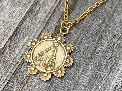 Antique Gold Our Lady of the Rosary Antique Replica Medal Pendant Necklace, Lourdes Virgin Mary, Blessed Mother, Our Lady of the Cape Shrine