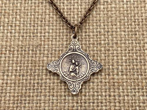 Bronze Sacred Heart of Jesus, with Holy Spirit, Faith, Hope & Love Symbols, Antique Replica, Cross Pendant Necklace, Dove Cross Anchor Heart