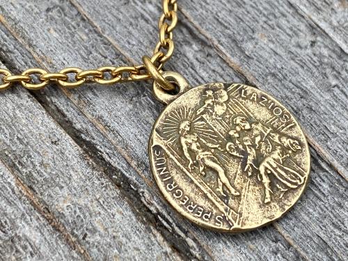 Antique Gold St. Peregrine Laziosi Medal and Necklace - Patron Saint of Cancer - Saint Peregrinus Pellegrino on an Antique Gold Cable Chain