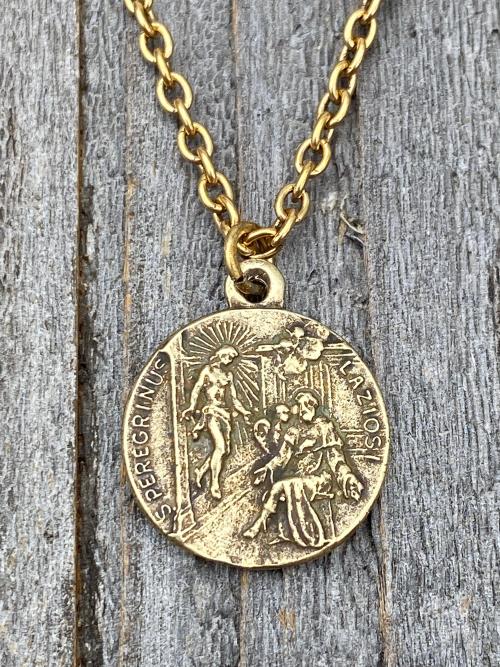 Antique Gold St. Peregrine Laziosi Medal and Necklace - Patron Saint of Cancer - Saint Peregrinus Pellegrino on an Antique Gold Cable Chain