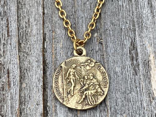 Antique Gold St. Peregrine Laziosi Medal and Necklace - Patron Saint of Cancer - Saint Peregrinus Pellegrino on an Antique Gold Cable Chain