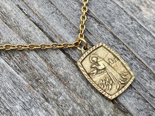 Antique Gold St. Francis of Assisi Blessing Prayer Medal Pendant Necklace Saint Catholic Italian Antique Replica Lord Bless You and Keep You