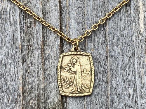 Antique Gold St. Francis of Assisi Blessing Prayer Medal Pendant Necklace Saint Catholic Italian Antique Replica Lord Bless You and Keep You