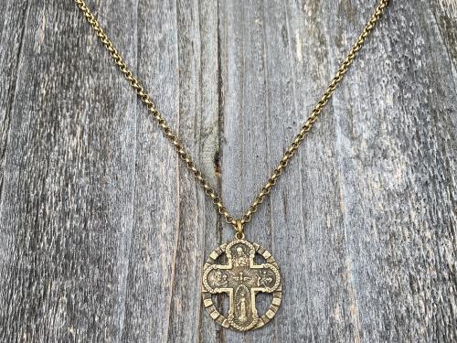 Antique Gold Five 5 Way Medal Antique Replica Necklace Chain 5-Way Scapular 4-Way 4 Way Cross Catholic Unisex Miraculous Medal Gold Bronze