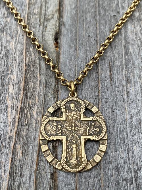 Antique Gold Five 5 Way Medal Antique Replica Necklace Chain 5-Way Scapular 4-Way 4 Way Cross Catholic Unisex Miraculous Medal Gold Bronze