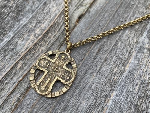 Antique Gold Five 5 Way Medal Antique Replica Necklace Chain 5-Way Scapular 4-Way 4 Way Cross Catholic Unisex Miraculous Medal Gold Bronze