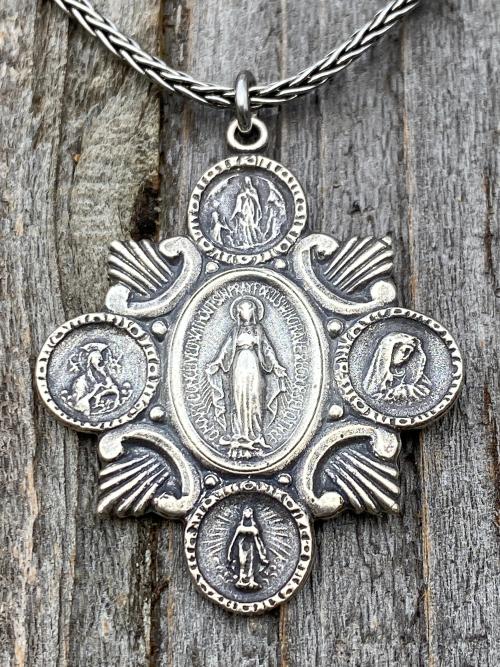 Sterling Silver Rare Marian Devotions Medal, Pendant, Necklace, Antique Replica, Miraculous Medal, Immaculate Heart, Our Lady of Lourdes