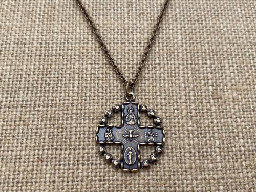Bronze 5-Way Round Catholic Medal Necklace, Antique Replica, 4-Way Pendant, Cross, Miraculous Medal, Holy Spirit Dove, Heart Border, Unisex
