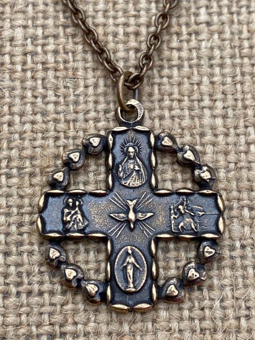 Bronze 5-Way Round Catholic Medal Necklace, Antique Replica, 4-Way Pendant, Cross, Miraculous Medal, Holy Spirit Dove, Heart Border, Unisex