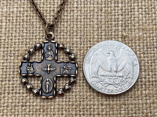 Bronze 5-Way Round Catholic Medal Necklace, Antique Replica, 4-Way Pendant, Cross, Miraculous Medal, Holy Spirit Dove, Heart Border, Unisex