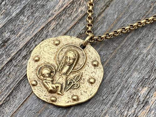 Antique Gold Large Mother Mary and Baby Jesus Fleur de Lis Pendant, French Antique Replica Medal, Rolo Chain Necklace, Artist Elie Pellegrin