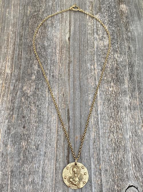 Antique Gold Large Mother Mary and Baby Jesus Fleur de Lis Pendant, French Antique Replica Medal, Rolo Chain Necklace, Artist Elie Pellegrin