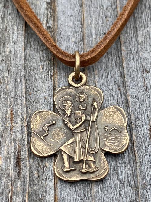 Bronze St Christopher Shamrock Medal Pendant with an Adjustable Slider Bead on Brown Suede Lace Necklace, Antique Replica, Saint, Catholic