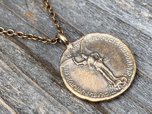 Bronze Rare St Michael Latin Medal Necklace, Antique Replica Saint Michael the Archangel, St Michel, Protection against the Devil Satan M1