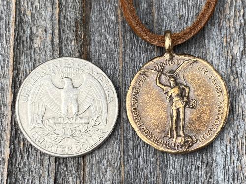 Bronze Rare St Michael Latin Medal and Necklace, Antique Replica, Saint Michael the Archangel, St Michel, Protection against the devil Satan