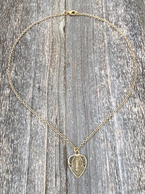 Antique Gold Our Lady of Lourdes Heart Medal, Antique Replica Necklace Immaculate Conception Mary Marian Blessed Mother Virgin Grace Pendant