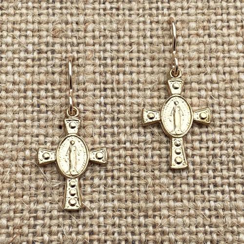 Gold Miraculous Medal Cross Earrings, Antique Replicas, French Hooks, Dangling Cross Earrings, Blessed Virgin Mary, Our Lady of the Miracle