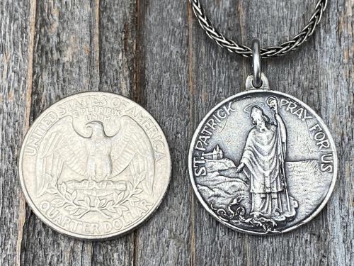 Sterling Silver St Patrick Medal and Necklace, Rare, Antique Replica, Saint Patrick, Irish Catholic Gift, Patron Saint of Engineers, Ireland