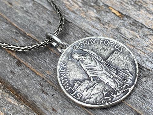 Sterling Silver St Patrick Medal and Necklace, Rare, Antique Replica, Saint Patrick, Irish Catholic Gift, Patron Saint of Engineers, Ireland