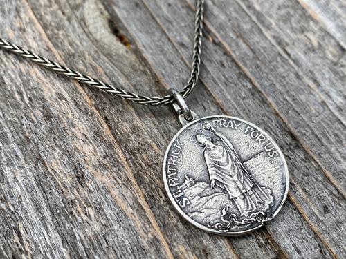 Sterling Silver St Patrick Medal and Necklace, Rare, Antique Replica, Saint Patrick, Irish Catholic Gift, Patron Saint of Engineers, Ireland